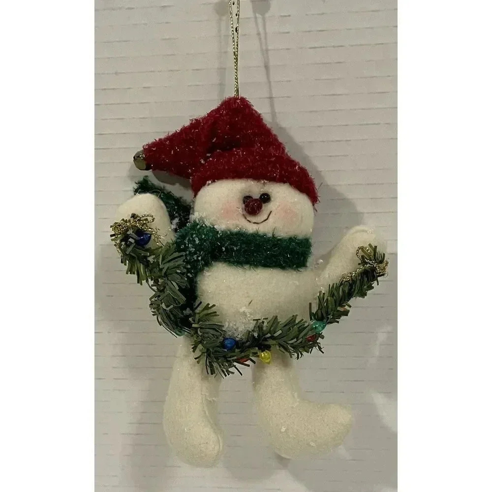 Crazy Mountain‎ Plush Snowman W/Red Hat and Green Scarf Christmas Ornament 6.5”